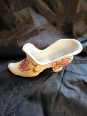 Vintage Porcelain 5 Inch Shoe Figurine with Pink Floral Design